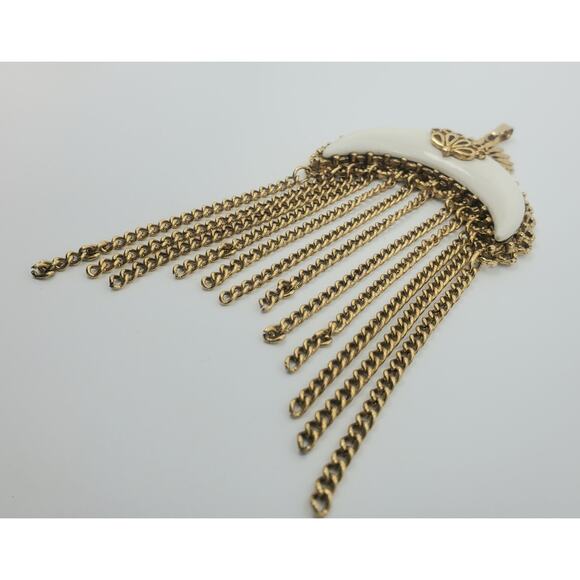 Vintage Ornate Sun and White Enamel Crescent Moon W/Chain Tassels Pendant – Rare - Picture 6 of 7